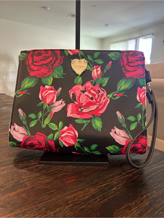 Betsey Johnson Handbags - Betsy Johnson Floral Wristlet Clutch - Black with Pink & Red Roses